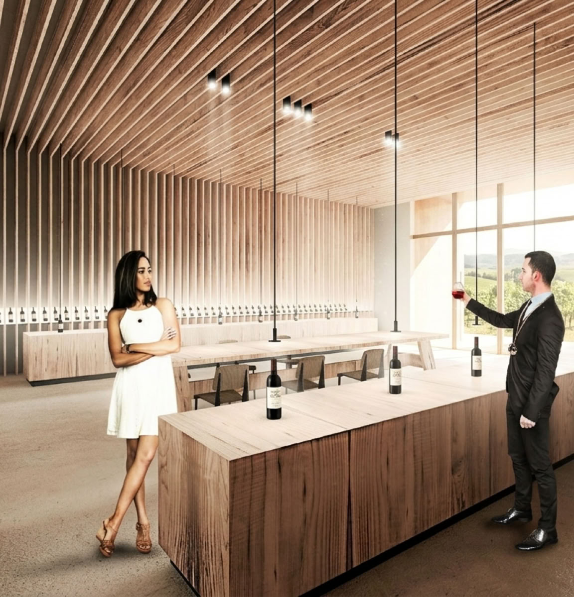 Render interni della cantina a Castelnuovo Bembo, progettata da MD41, con finiture in legno e ampie vetrate con vista sui vigneti