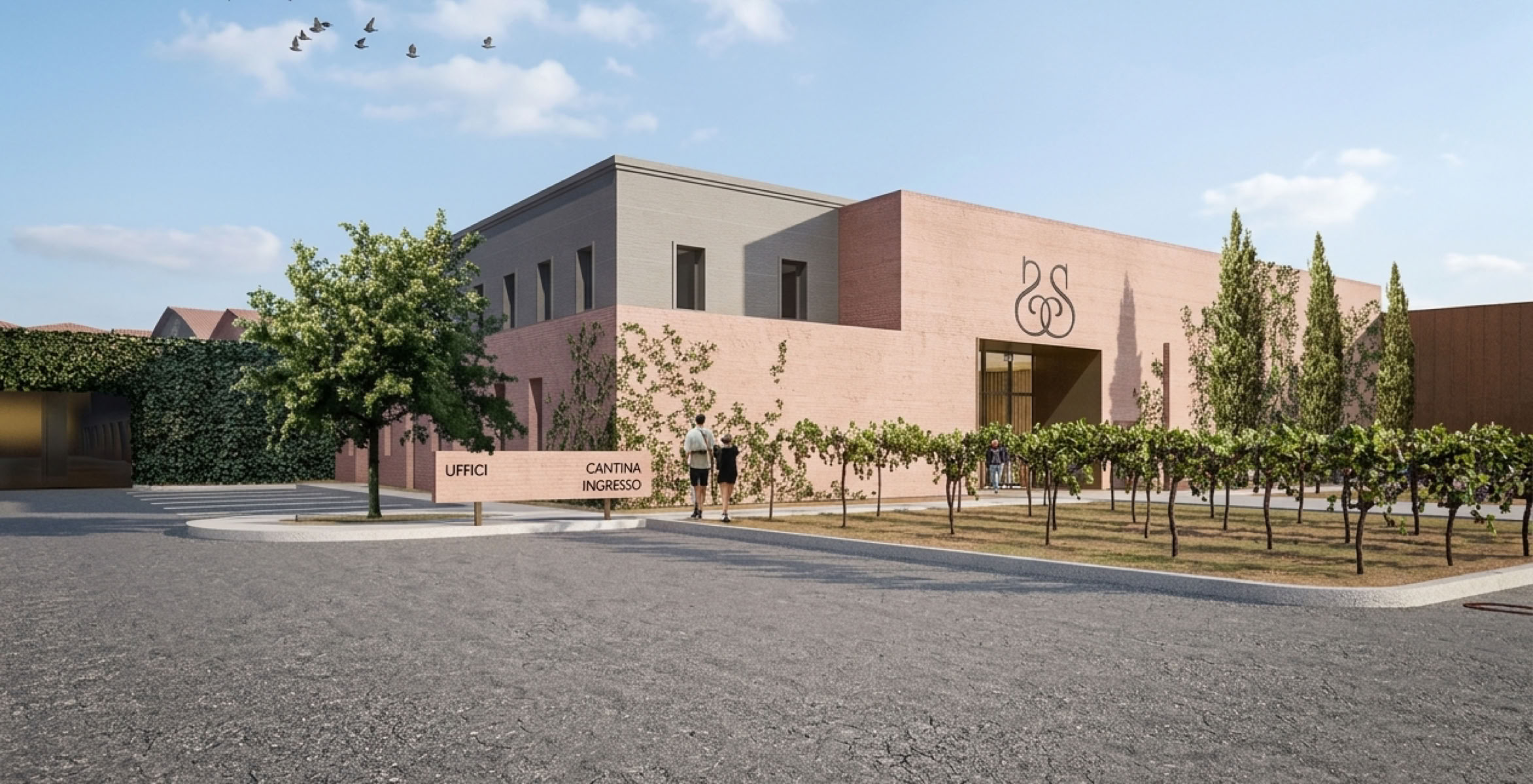 Render esterni della cantina a Castelnuovo Bembo, progettata da MD41, con nuova facciata in calcestruzzo rosso e spazi rinnovati.
