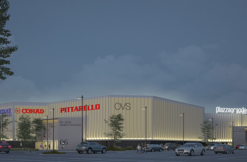 Nuova immagine architettonica del Centro Commerciale Piazzagrande attraverso il progetto di riqualificazione firmato MD41.