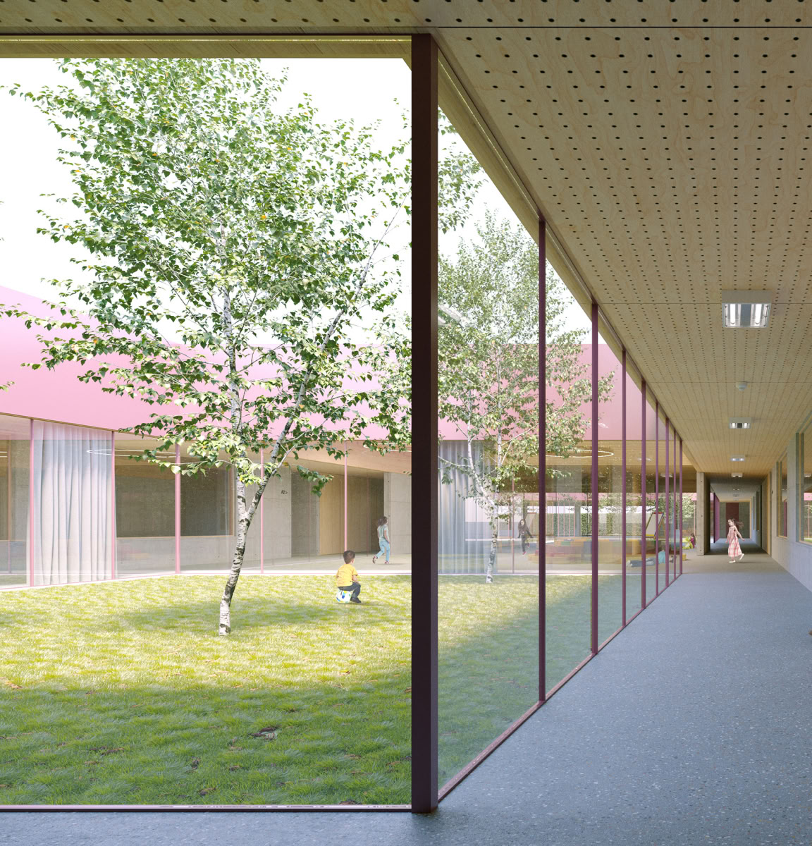 Render interni del polo dell’infanzia a Vigasio (VR), firmati da MD41, spazi funzionali e giocosi per 270 bambini, con materiali sicuri e design interattivo.