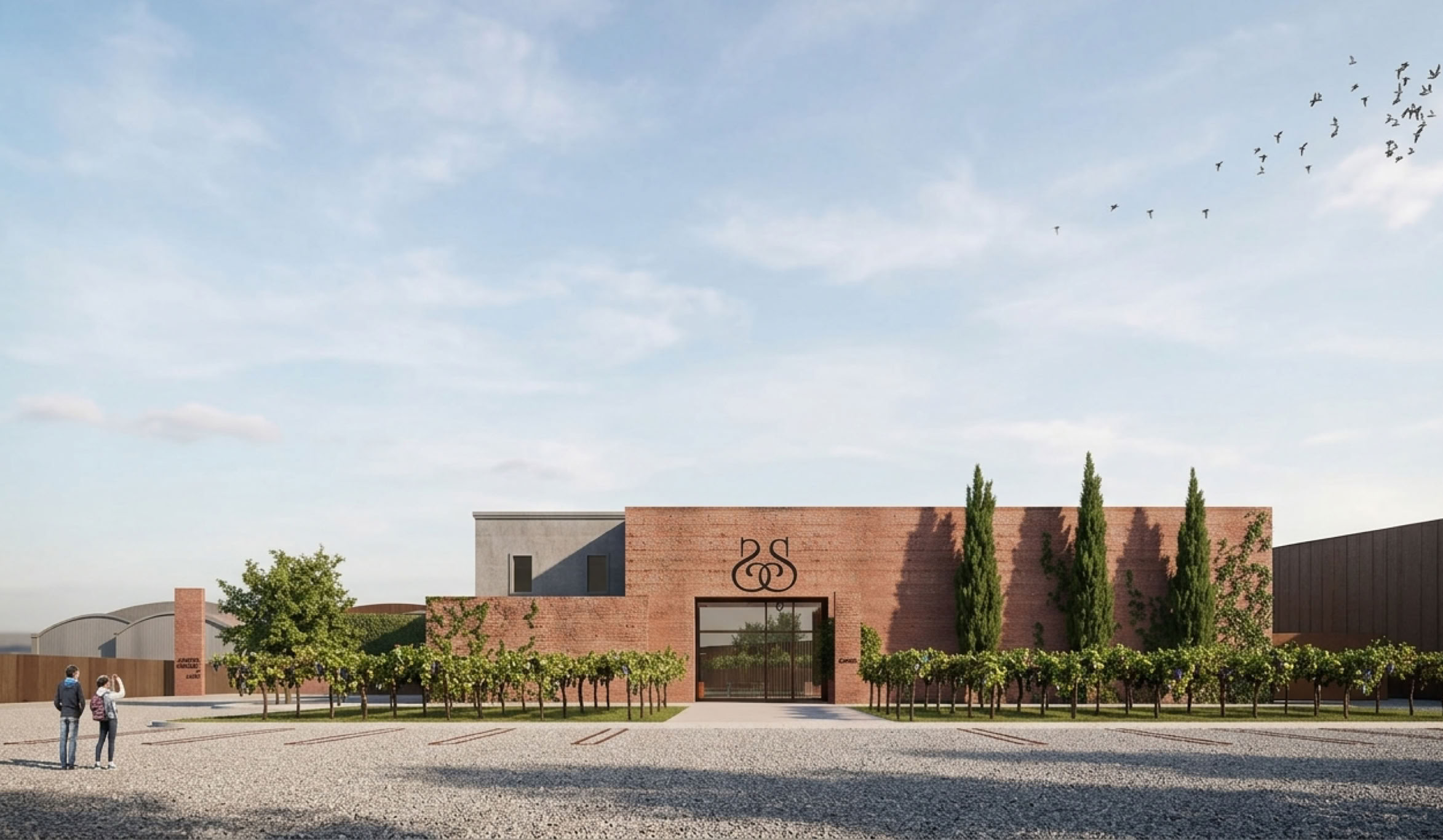 Render esterni della cantina a Castelnuovo Bembo, progettata da MD41, con nuova facciata in calcestruzzo rosso e spazi rinnovati.
