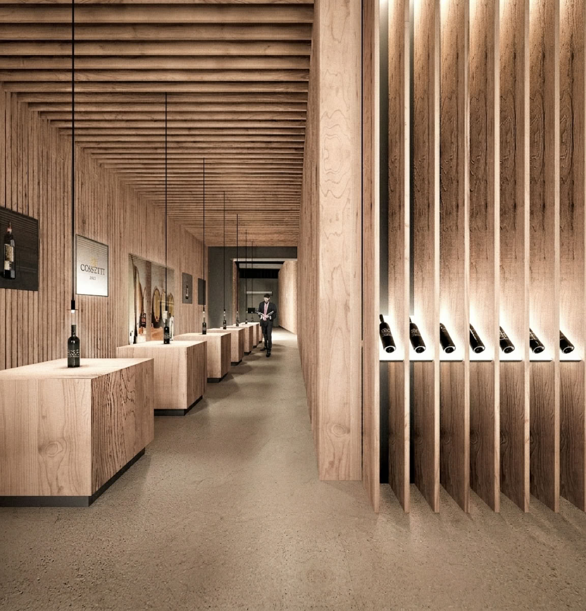 Render interni della cantina a Castelnuovo Bembo, progettata da MD41, con finiture in legno e ampie vetrate con vista sui vigneti