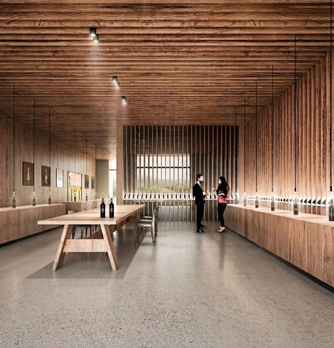 Render interni della cantina a Castelnuovo Bembo, progettata da MD41, con finiture in legno e ampie vetrate con vista sui vigneti