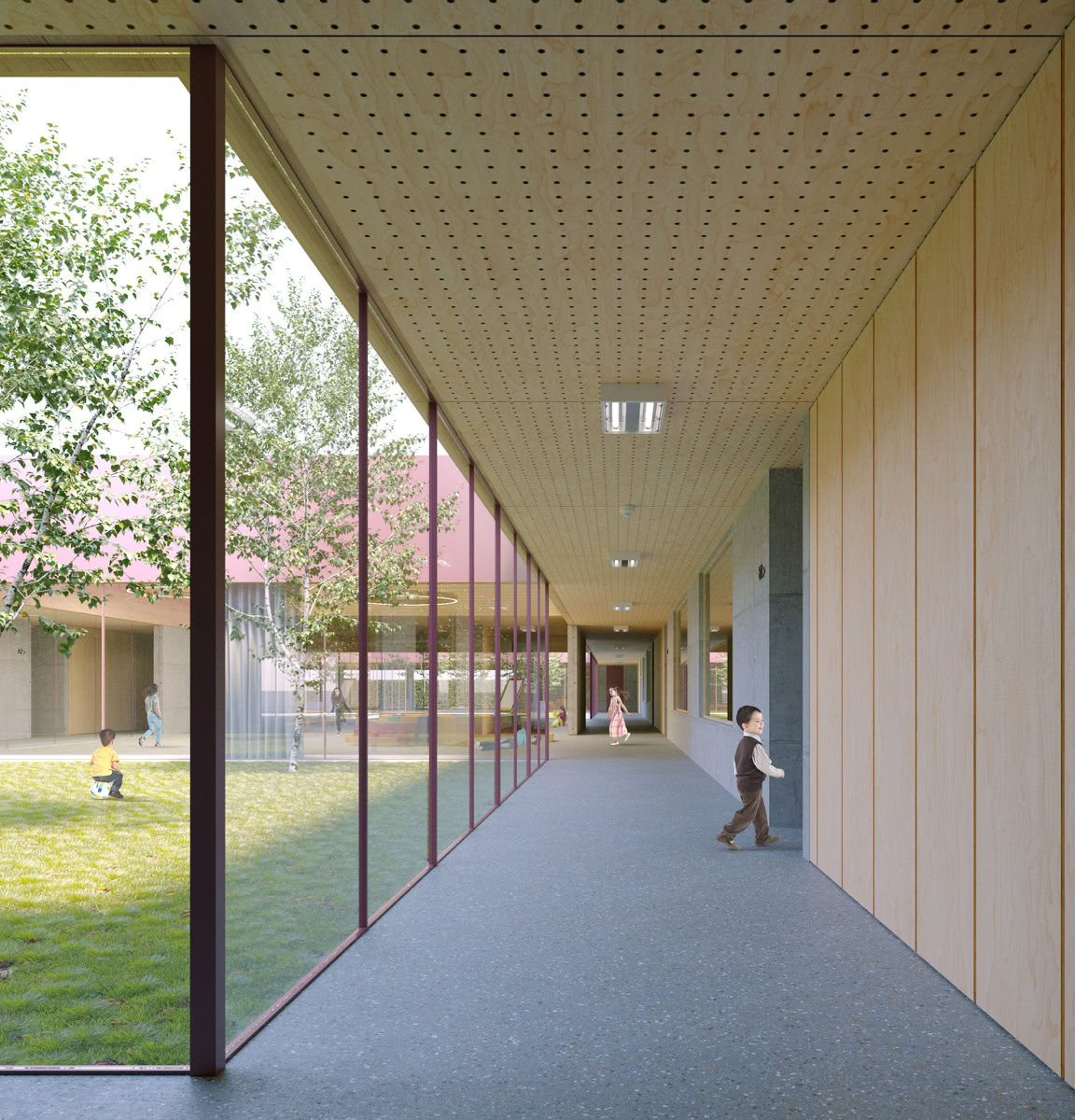 Render interni del polo dell’infanzia a Vigasio (VR), firmati da MD41, spazi funzionali e giocosi per 270 bambini, con materiali sicuri e design interattivo.